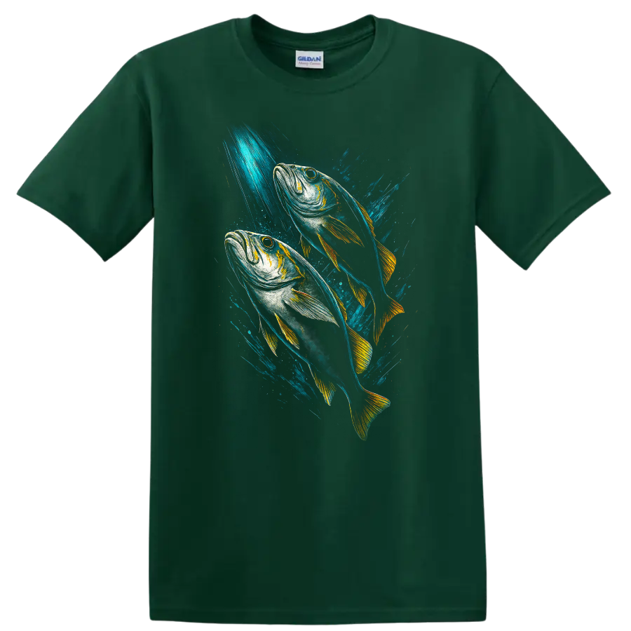 Colorful Fish Duo Splash Art T Shirt for Ocean and Angler Style - Forest Green