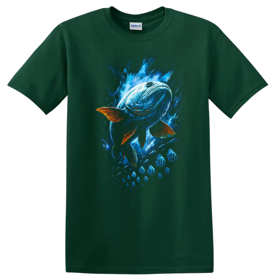 Abstract Blue Fish Splash Art T Shirt for Ocean Lovers and Anglers - Forest Green