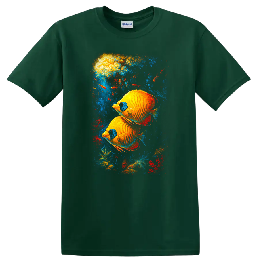 Vibrant Tropical Fish Art T Shirt Colorful Underwater Aquarium Design - Forest Green
