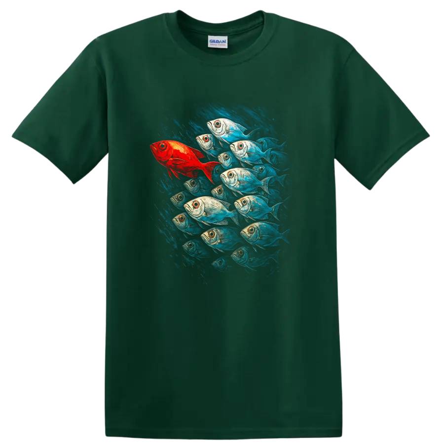 Vibrant Schooling Fish Art T Shirt Colorful Ocean Wildlife Design - Forest Green
