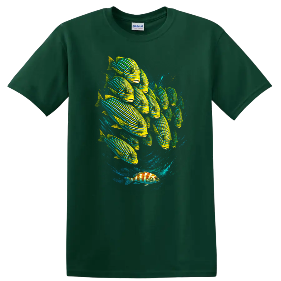 Neon Striped Fish School Ocean Art T Shirt for Marine Life Lovers - Forest Green