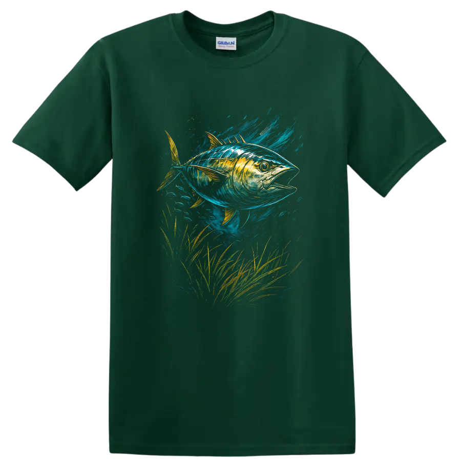 Colorful Tuna Fish Art T Shirt, Vibrant Ocean Wildlife Graphic - Forest Green