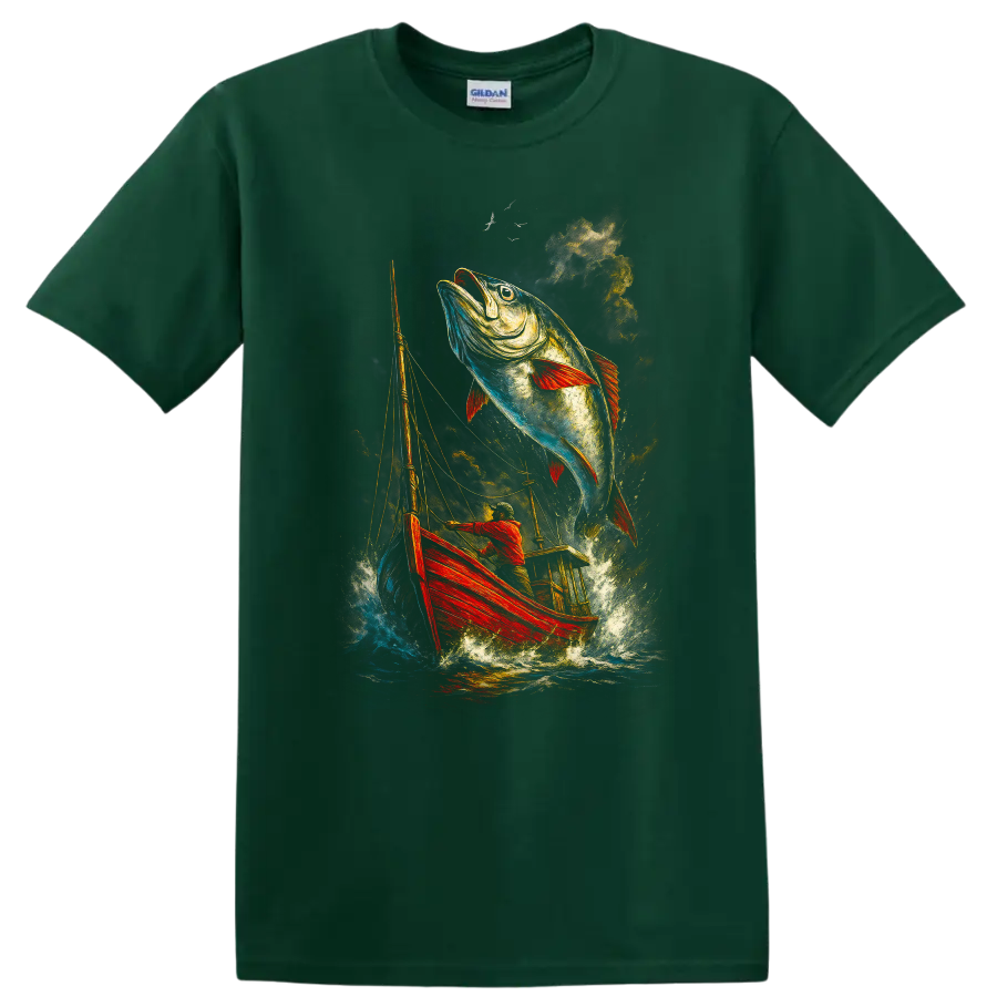 Leaping Fish Fishing Boat Art Gildan 5000 T Shirt for Anglers - Forest Green