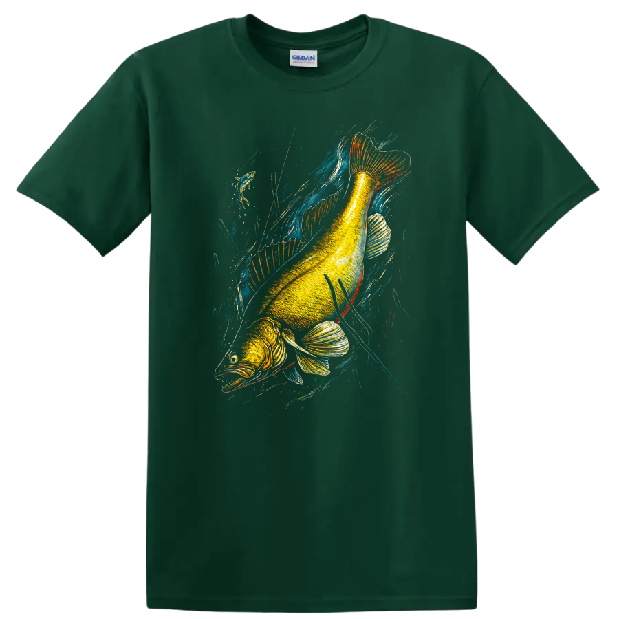 Colorful Fish Illustration T Shirt Vibrant Angling Art for Nature Lovers - Forest Green