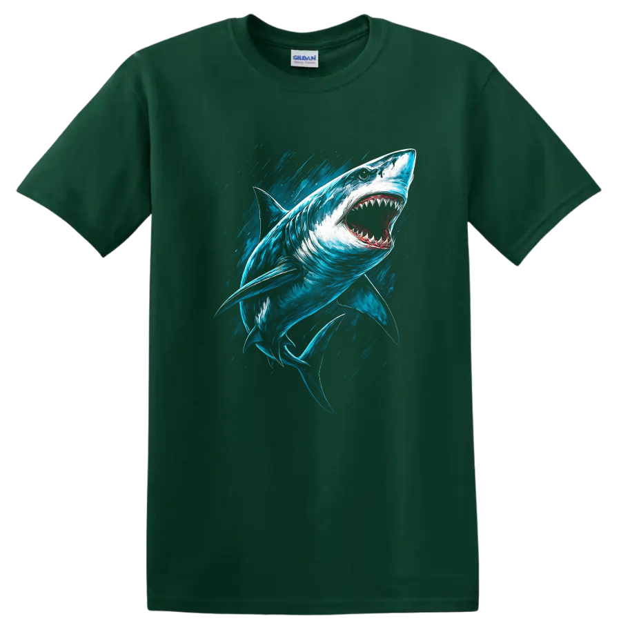 Aggressive Great White Shark Splash Art Fish T Shirt for Ocean Lovers - Forest Green