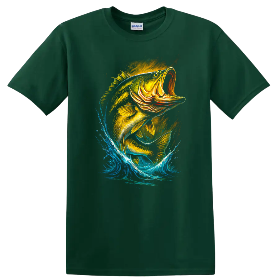 Colorful Jumping Fish Splash Art T Shirt for Anglers and Nature Lovers - Forest Green