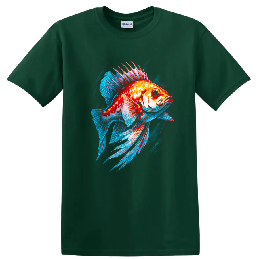 Neon Colorful Fish Art T Shirt Vibrant Ocean Creature Graphic Tee - Forest Green