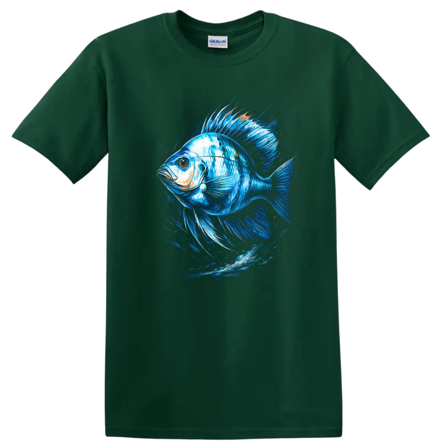 Blue Fish Splash Art T Shirt Vibrant Ocean Animal Graphic for Anglers - Forest Green