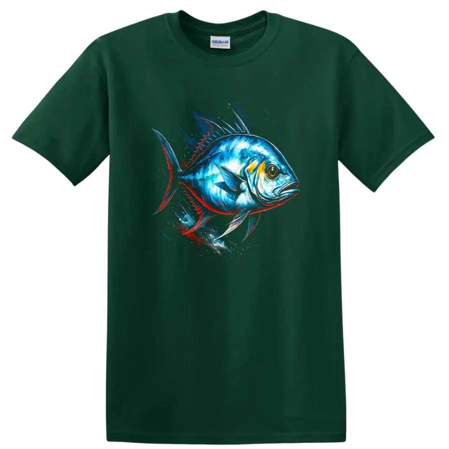 Vibrant Blue Fish Splash Art T Shirt for Anglers and Ocean Lovers - Forest Green