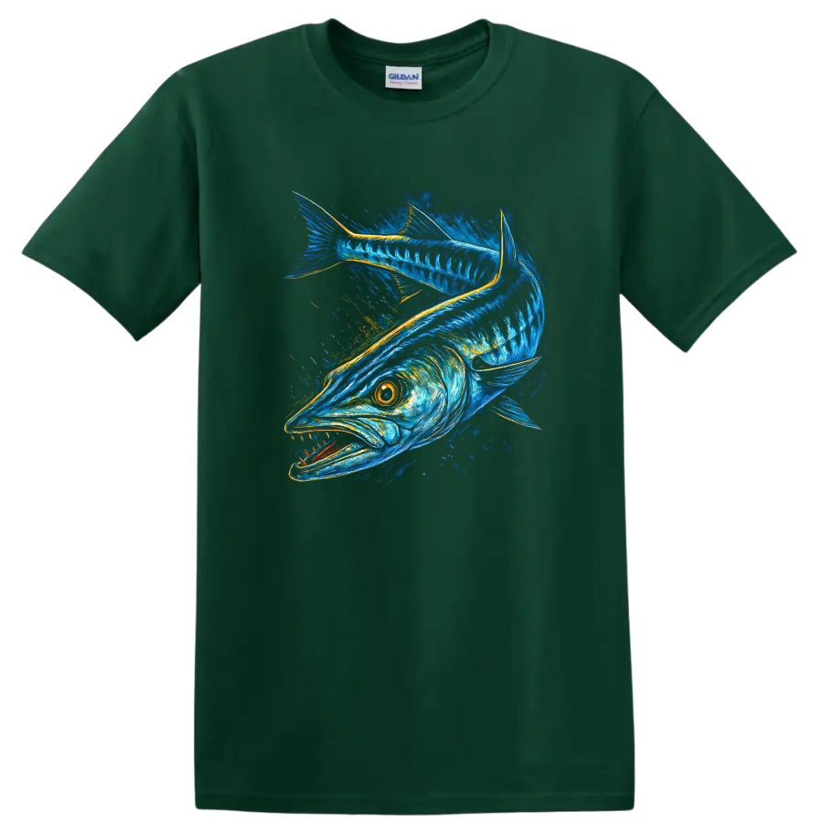 Blue Fish Art T Shirt Vibrant Ocean Wildlife Angler Graphic - Forest Green