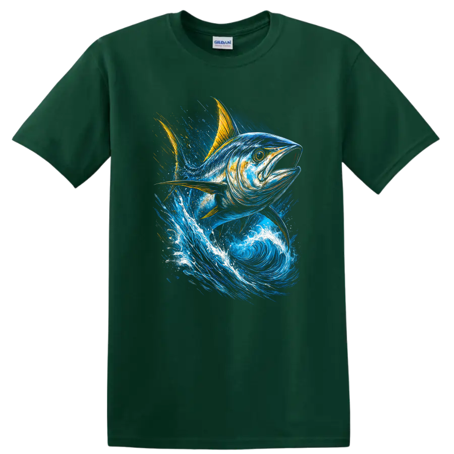 Blue Tuna Fish Splash Art T Shirt For Anglers and Ocean Lovers - Forest Green