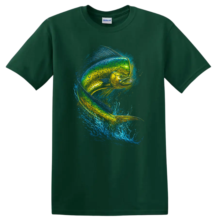 Vibrant Fish Splash Art T Shirt Colorful Jumping Fish Design - Forest Green