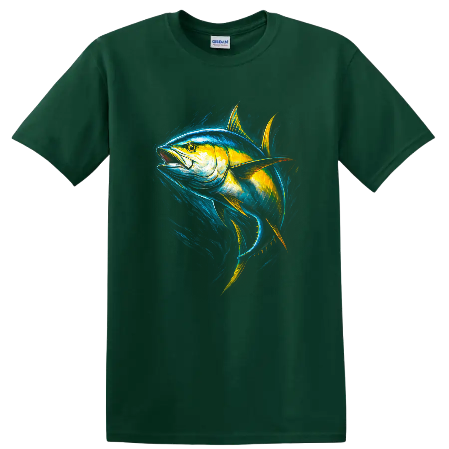 Vibrant Tuna Fish Art T Shirt for Anglers and Ocean Lovers - Forest Green