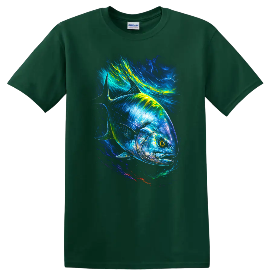 Vibrant Blue Fish Neon Ocean Art T Shirt for Anglers and Nature Lovers - Forest Green