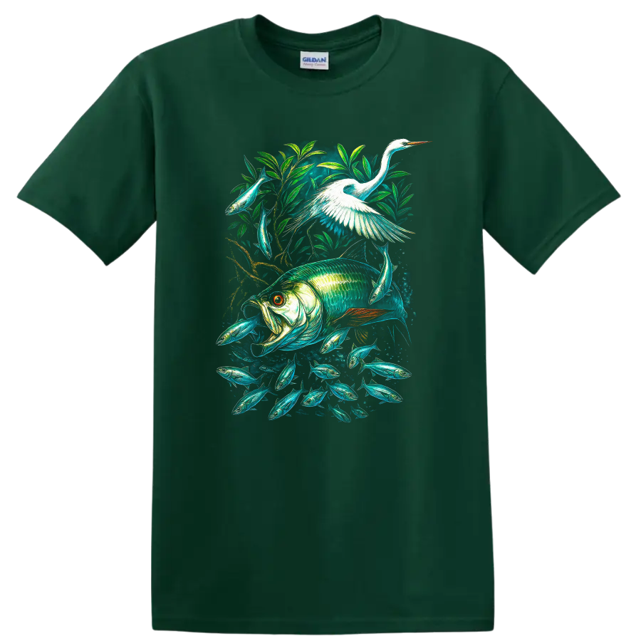 Colorful Fish and Heron Nature Aquarium T Shirt - Forest Green
