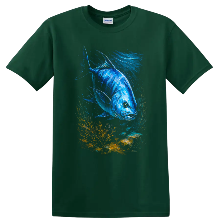 Blue Fish Underwater Art T Shirt Vibrant Ocean Life Graphic Tee - Forest Green