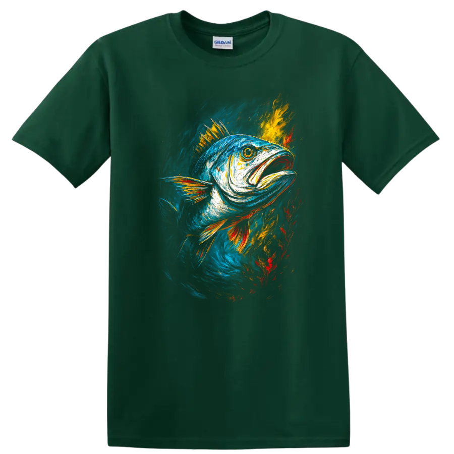 Vibrant Painted Fish Art T Shirt Colorful Ocean Wildlife Design - Forest Green