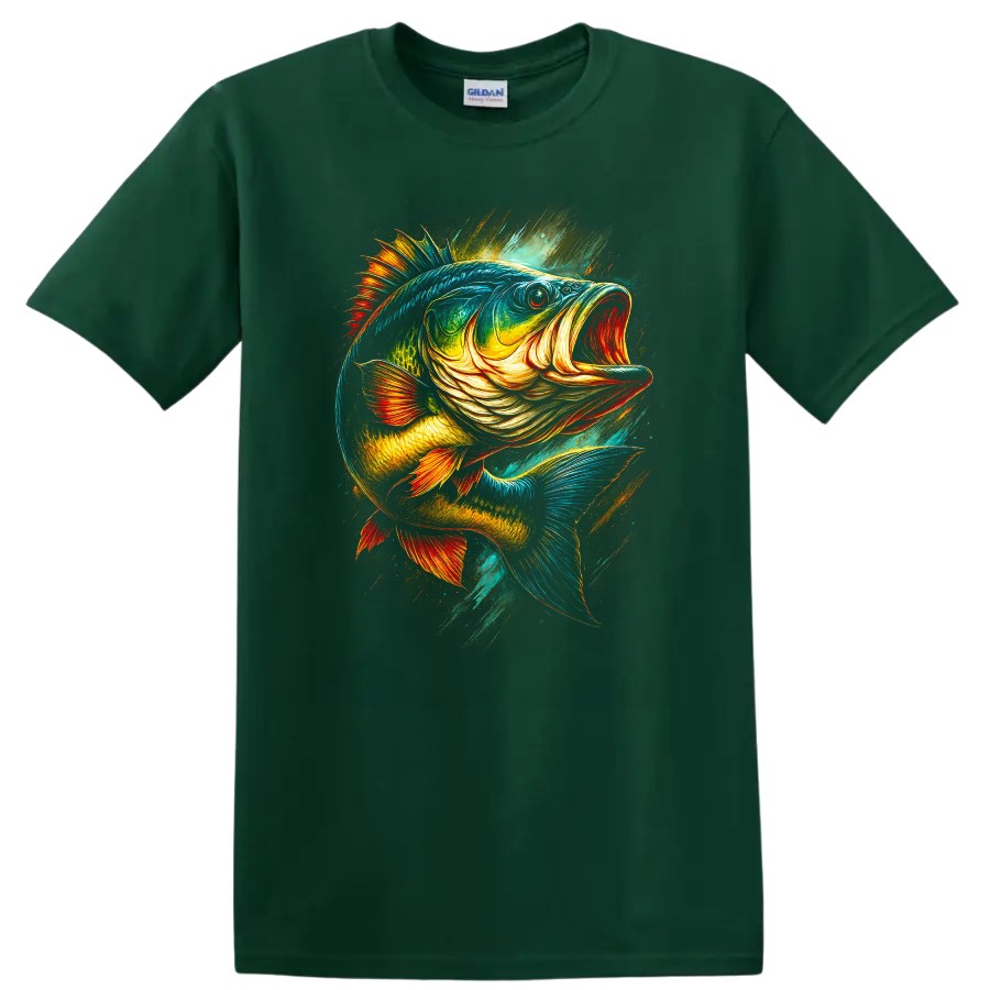 Colorful Largemouth Bass Fish Art T Shirt for Anglers and Outdoors - Forest Green