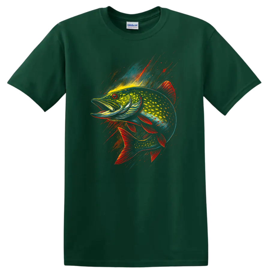 Colorful Fish Splash Art T Shirt Bold Neon Angler Fish Design - Forest Green