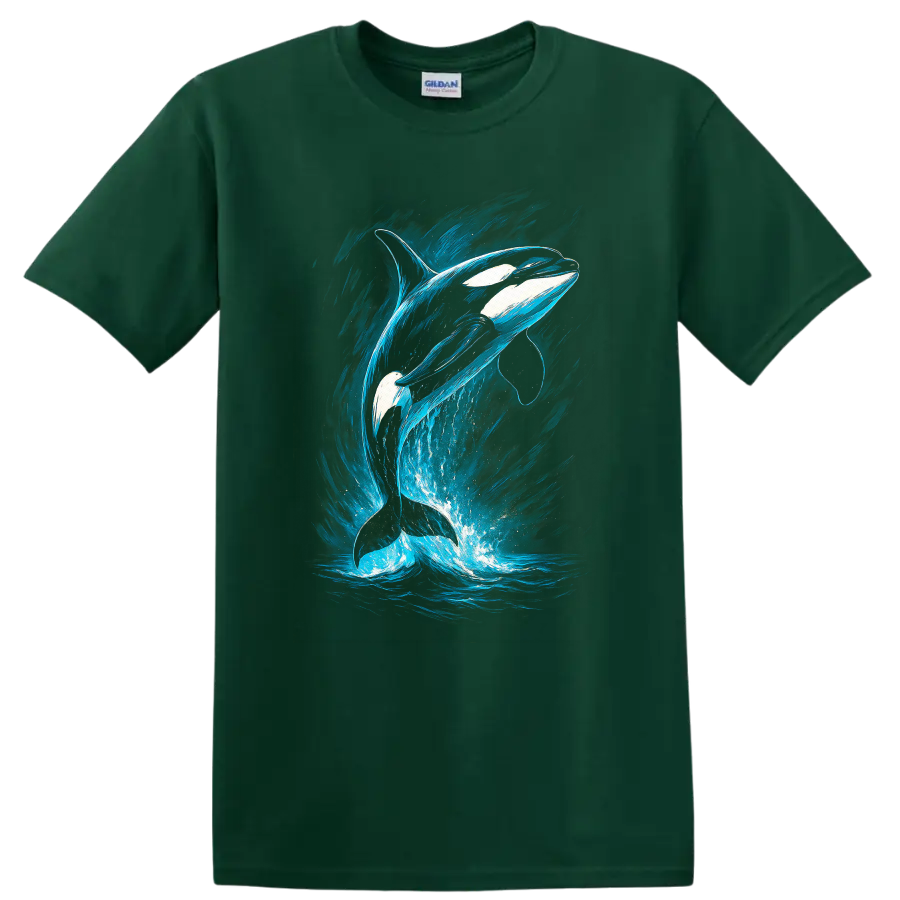 Orca Whale Blue Ocean Splash Fish Art T Shirt for Nature Lovers - Forest Green
