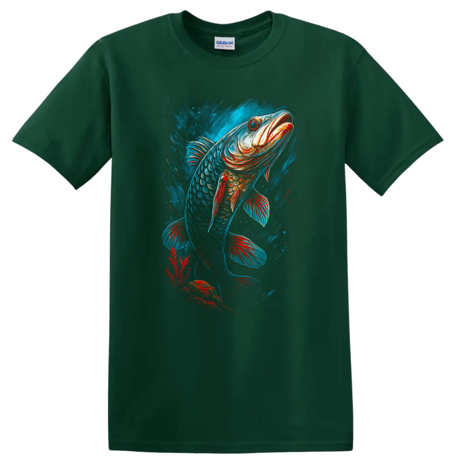 Vibrant Fish Art T Shirt Bold Colorful Angler Design - Forest Green