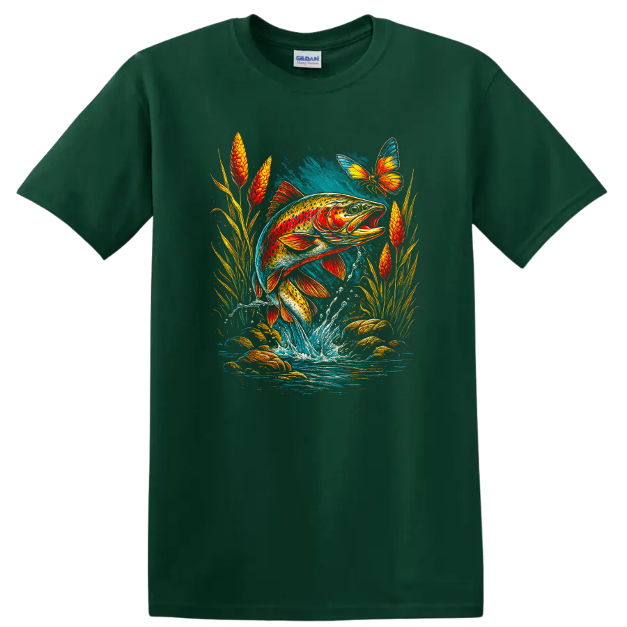 Colorful Fish Jumping Water Art T Shirt with Butterfly Nature Design - Forest Green