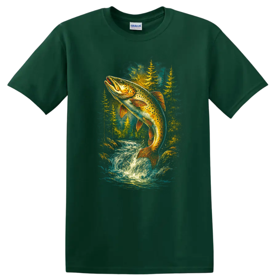 Colorful Trout Jumping River Wildlife Fishing T Shirt for Anglers - Forest Green