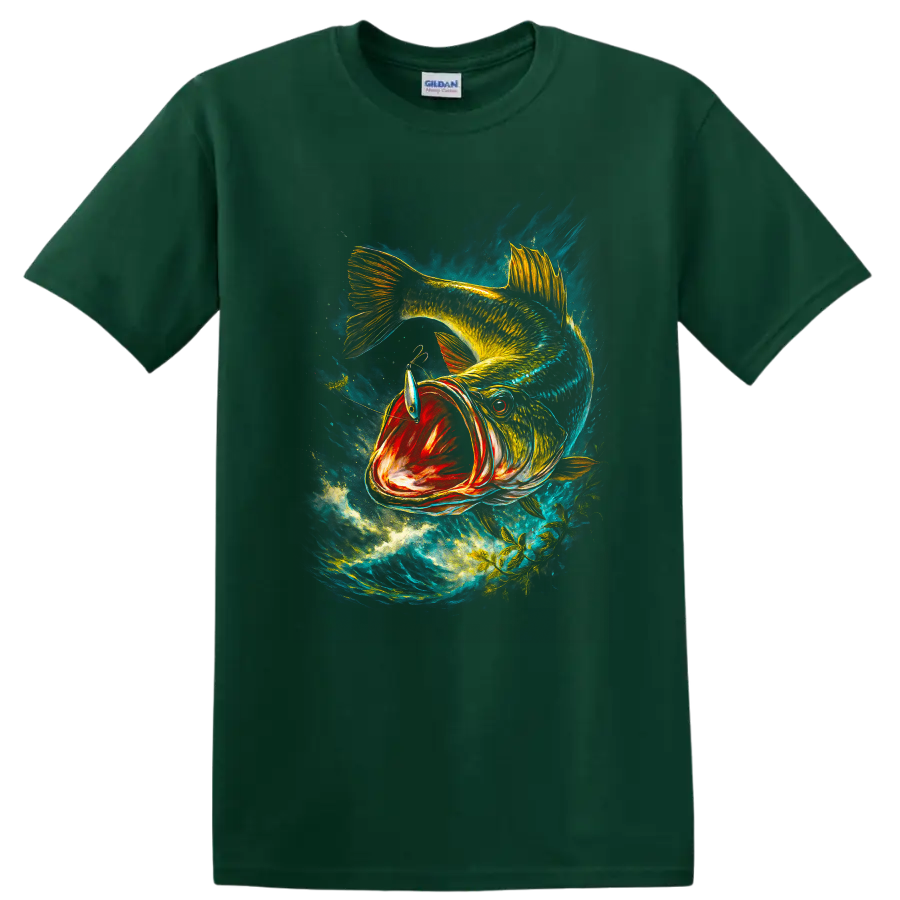 Colorful Bass Fish Splash Art T Shirt for Anglers and Fishing Lovers - Forest Green