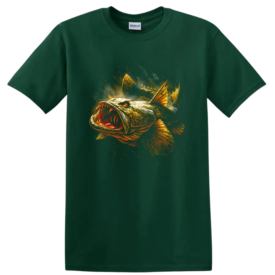 Aggressive Bass Fish Art T Shirt Bold Angler Graphic for Fishermen - Forest Green