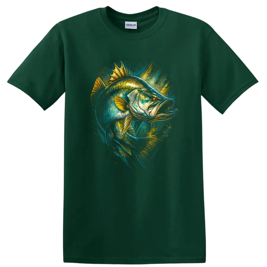 Electric Bass Fish Artwork T Shirt, Vibrant Angler Style Graphic Tee - Forest Green