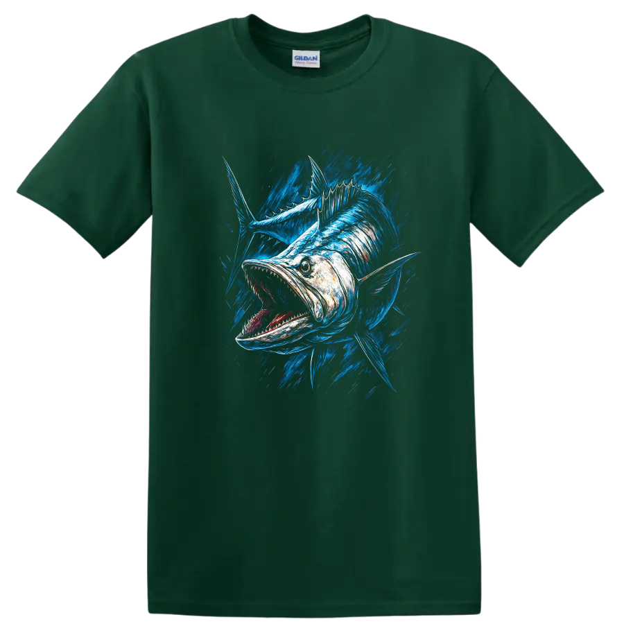 Aggressive Blue Fish Splash Art T Shirt for Anglers and Ocean Lovers - Forest Green