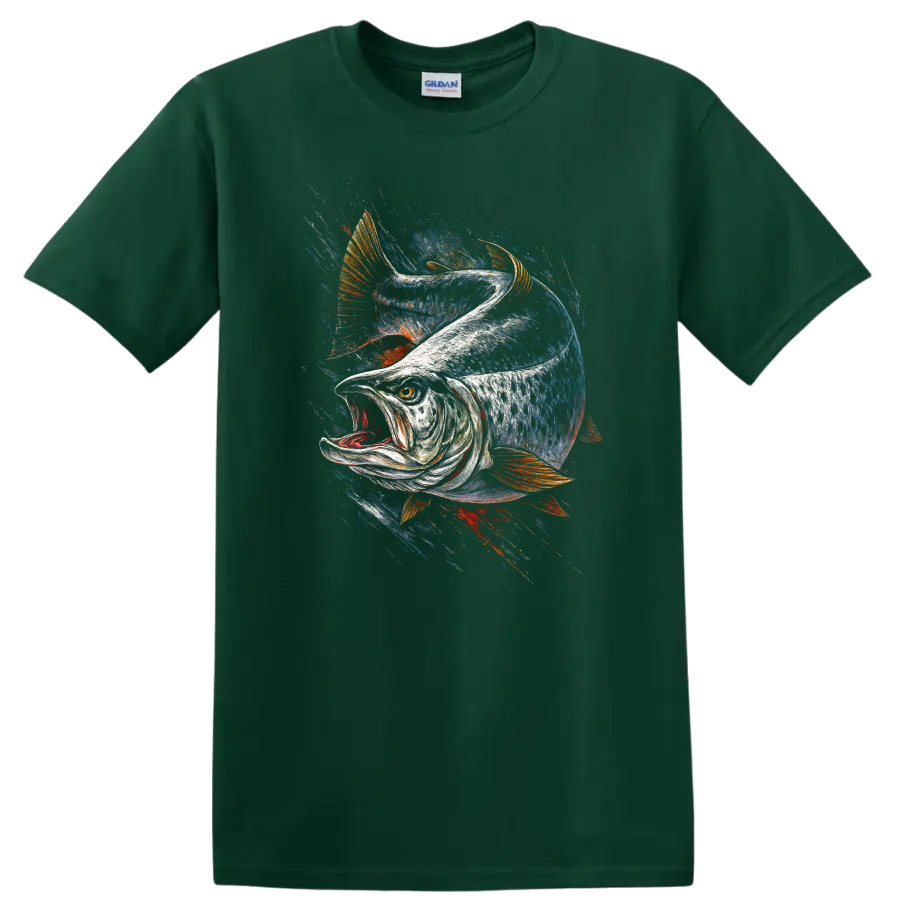 Aggressive Fish Splash Art T Shirt for Anglers and Fishing Fans - Forest Green
