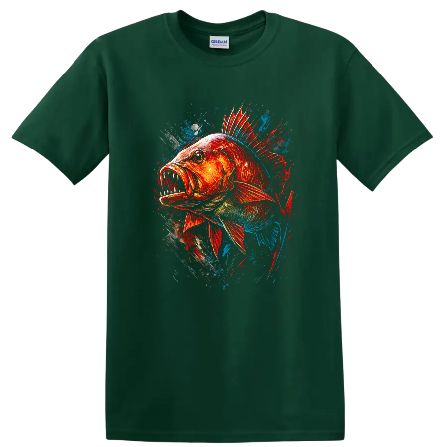Colorful Aggressive Fish Splash Art T Shirt for Anglers and Ocean Fans - Forest Green
