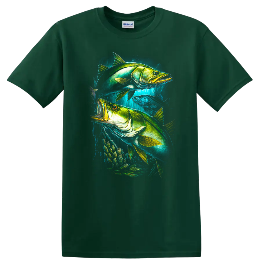 Vibrant Fish Art T Shirt Neon Underwater Fishing Graphic - Forest Green