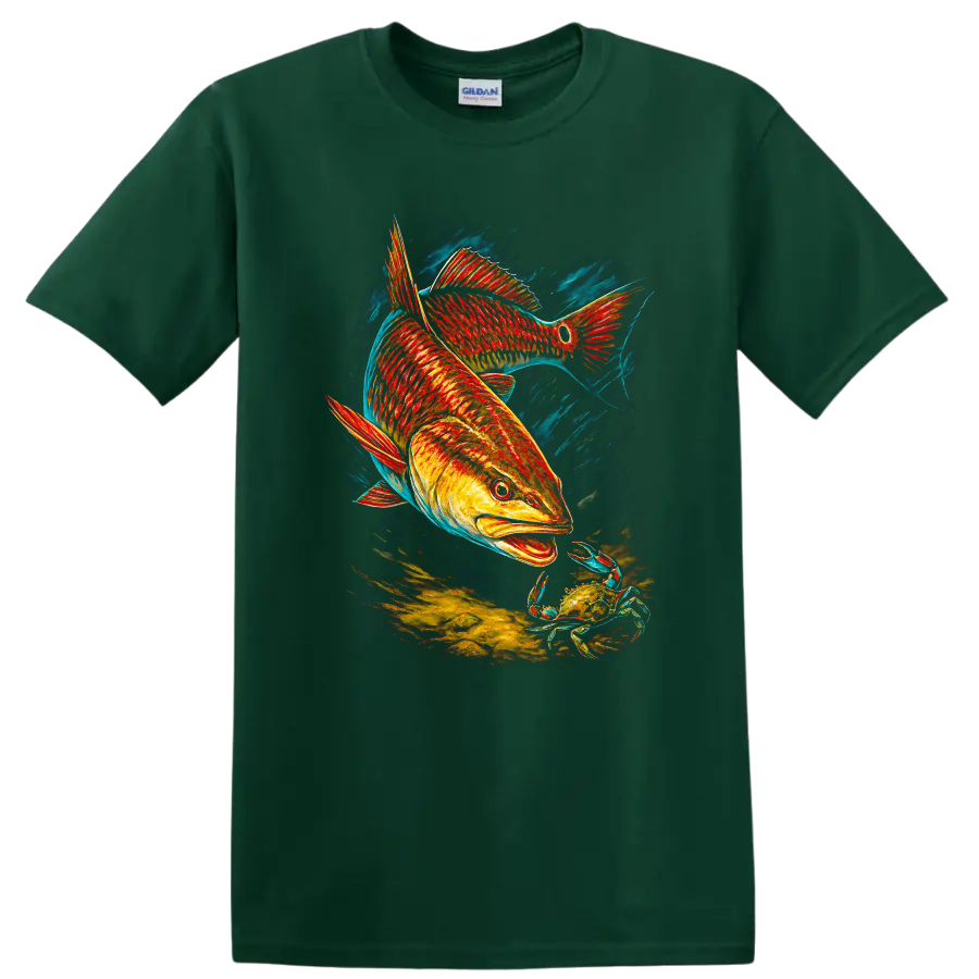 Vibrant Fish and Crab Underwater Art T Shirt for Ocean Lovers - Forest Green