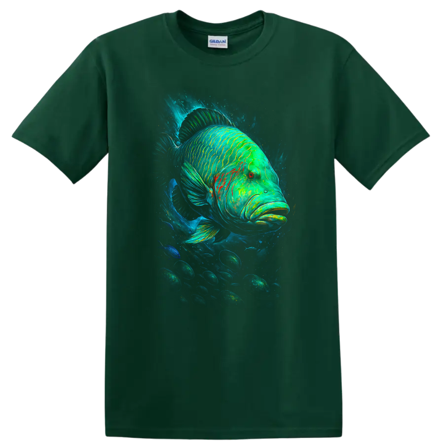 Neon Green Blue Fish Art T Shirt Deep Sea Tropical Wildlife Graphic - Forest Green
