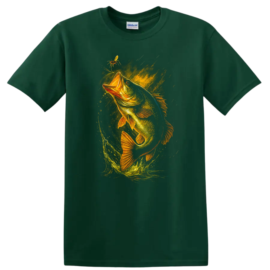 Largemouth Bass Jumping Fish Art T Shirt for Anglers and Fishermen - Forest Green