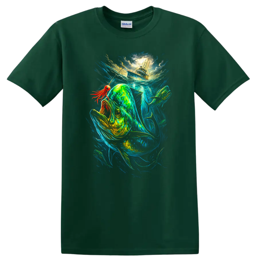 Glowing Fish and Boat Ocean Adventure T Shirt - Forest Green