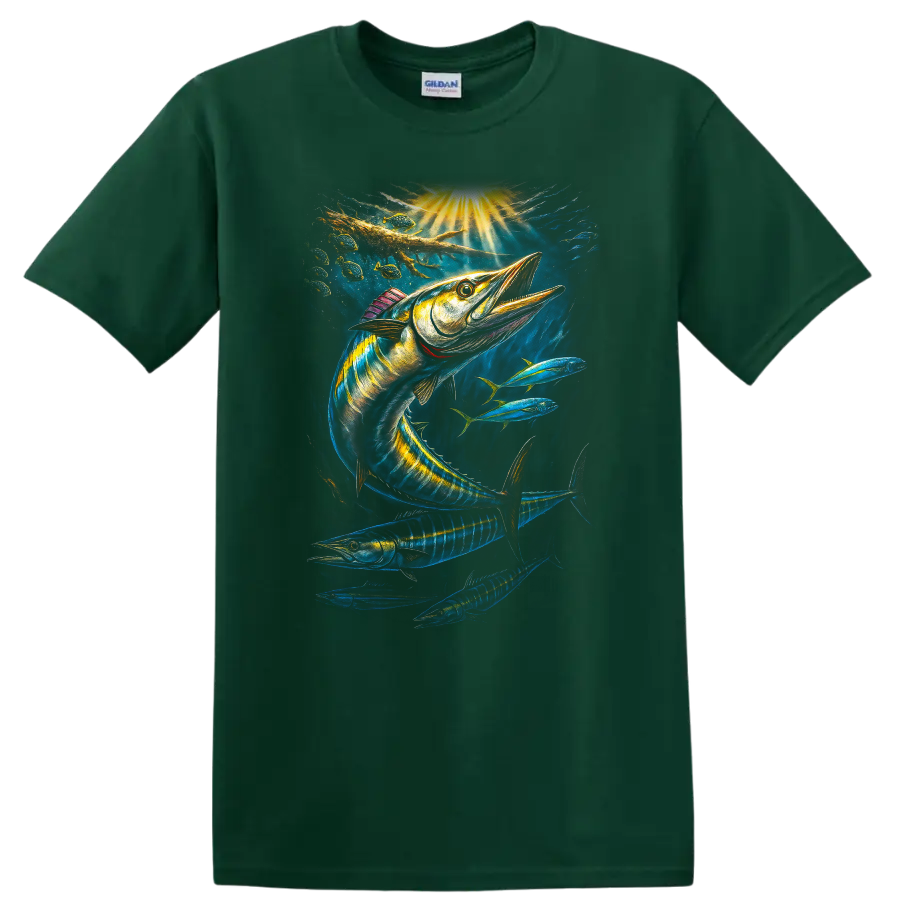 Colorful Barracuda Fish Art T Shirt Deep Sea Ocean Fishing Design - Forest Green