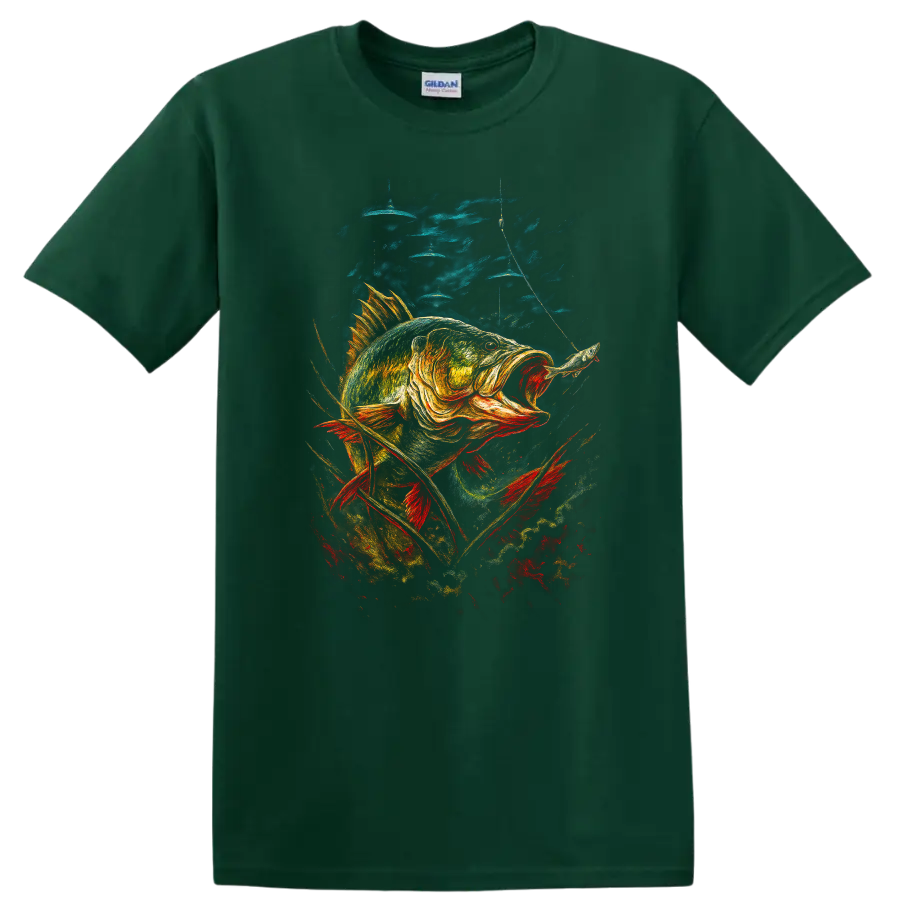 Colorful Bass Fish Angler Art T Shirt for Fishing Lovers - Forest Green