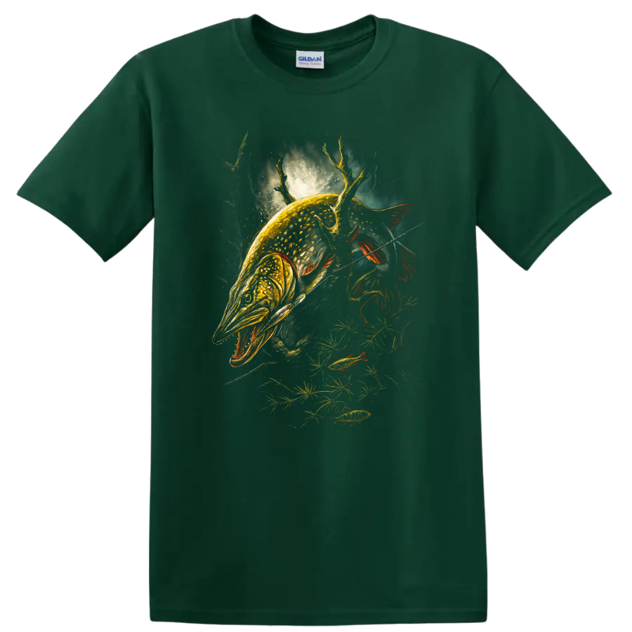 Glowing Pike Fish Hunting Art T Shirt for Anglers and Outdoorsmen - Forest Green