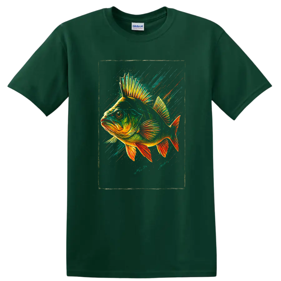 Vibrant Fish Splash Art T Shirt Colorful Neon Fish Design - Forest Green