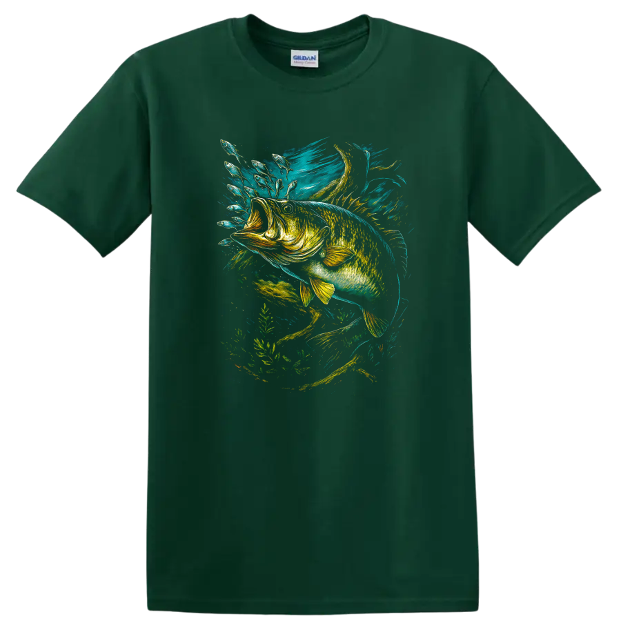 Colorful Fish Splash Art T Shirt, Vibrant Aquatic Bass Graphic - Forest Green