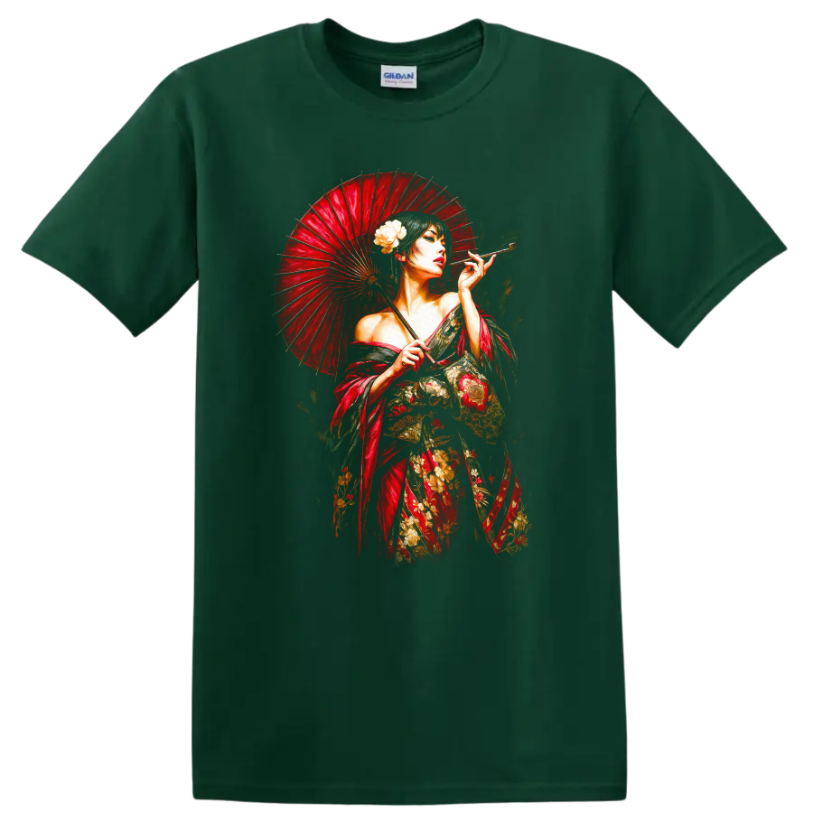 Japanese Geisha with Red Umbrella T Shirt Elegant Floral Art - Forest Green