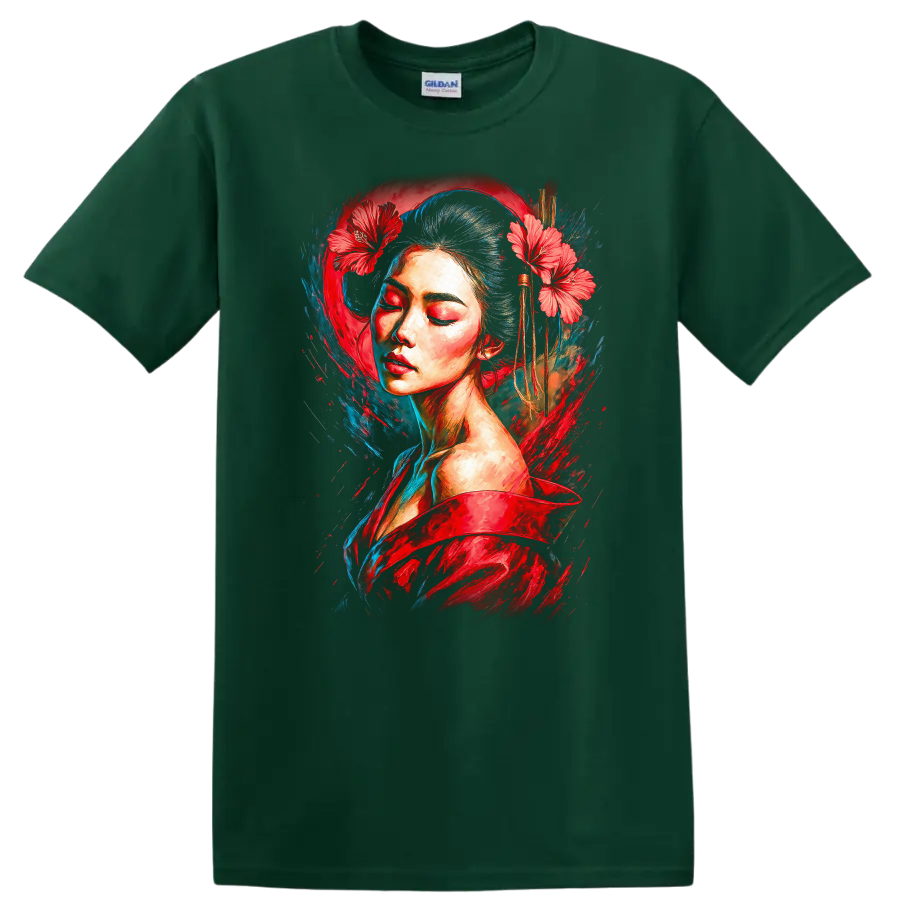 Japanese Style Painted Woman T Shirt with Red Flowers and Blue Brush Art - Forest Green