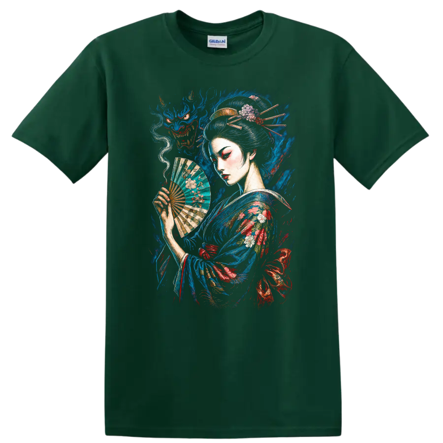 Japanese Geisha with Fan and Dragon Art T Shirt - Forest Green