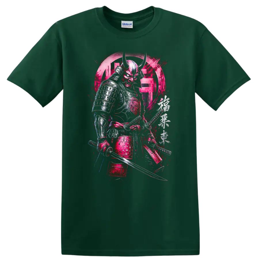 Japanese Style Samurai Oni Warrior T Shirt Bold Neon Pink Armor - Forest Green