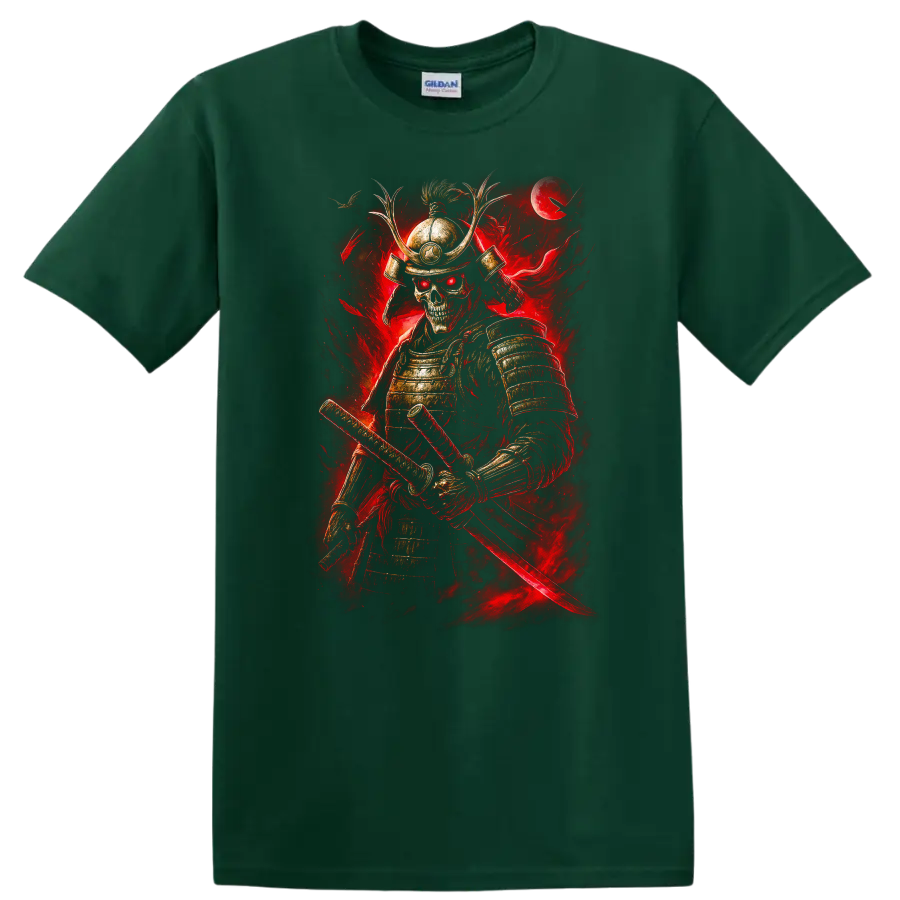 Japanese Samurai Skeleton Warrior T Shirt Red Armor Katana Art - Forest Green