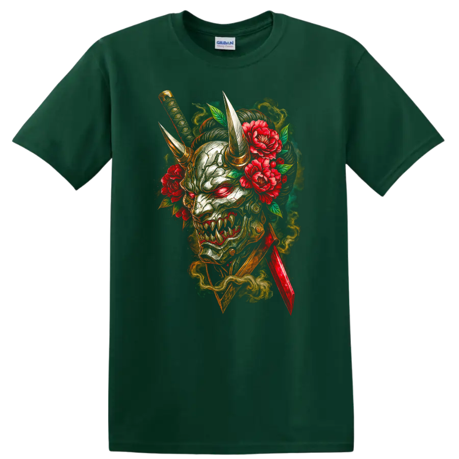 Japanese Oni Demon Mask with Horns and Peonies T Shirt - Forest Green