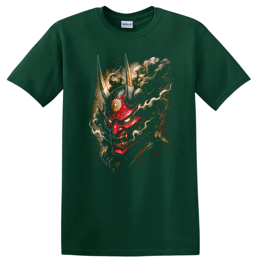 Japanese Oni Mask Red Demon T Shirt with Horns and Smoke - Forest Green